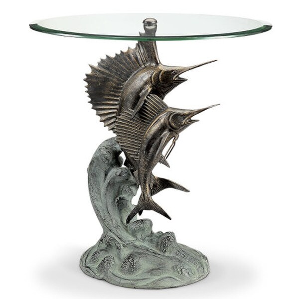 Marlin and Sailfish End Table Sculptural With Glass Top Aluminum